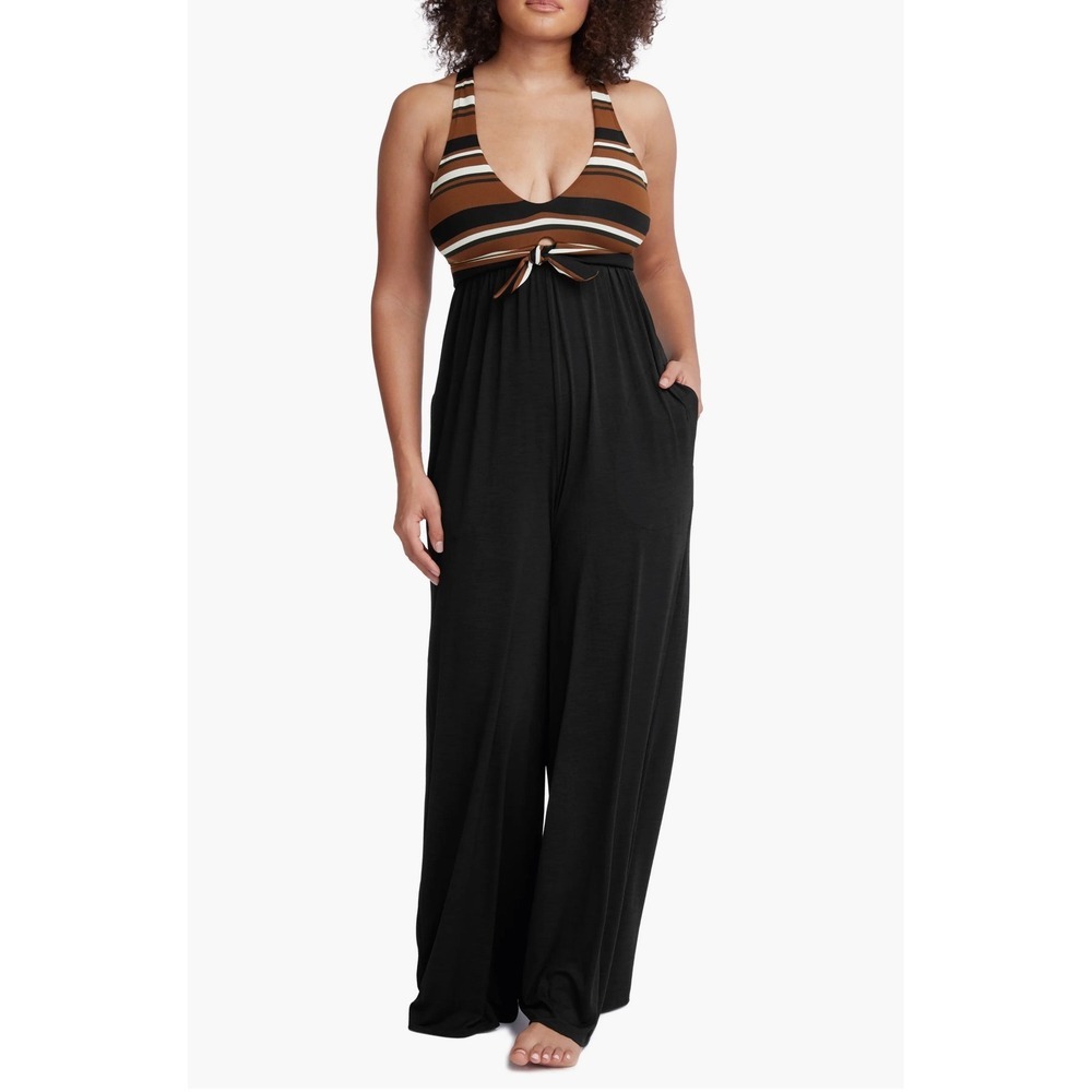 Robin Piccone Simone Sleeveless Wide Leg Jumpsuit Striped Black Brown Women S - Picture 2 of 10